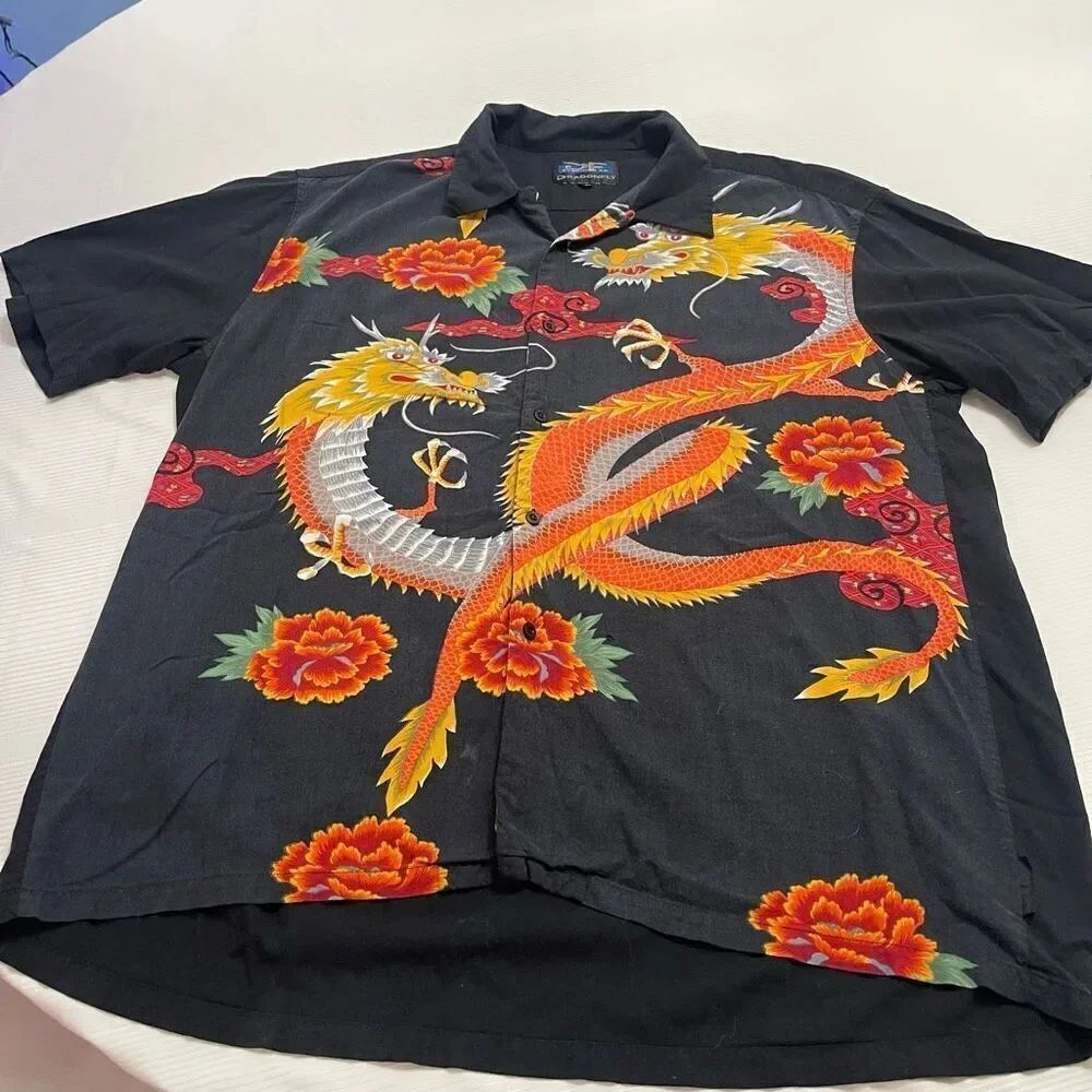 Dragonfly VTG Shirt Men’s Black Dragon Floral Button Up Camp Hawaiian Size XL